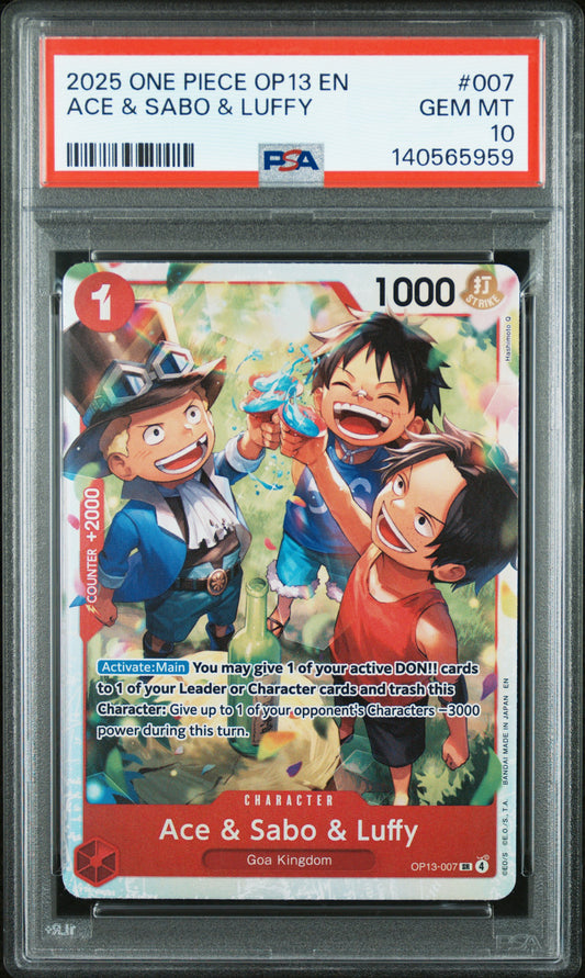 2025 One Piece Op13-Carrying On His Will #007 Ace & Sabo & Luffy PSA 10